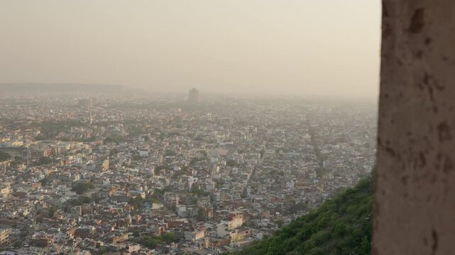 Slow Motion Jaipur Cityscape from Nahargarh Fort, Sunset Panorama Rajasthan, Cinematic Indian City View from Above
