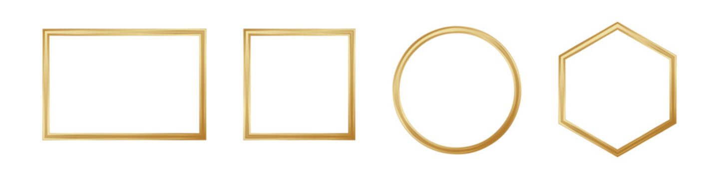 Gold picture frames: square, rectangular, circular, hexagonal.