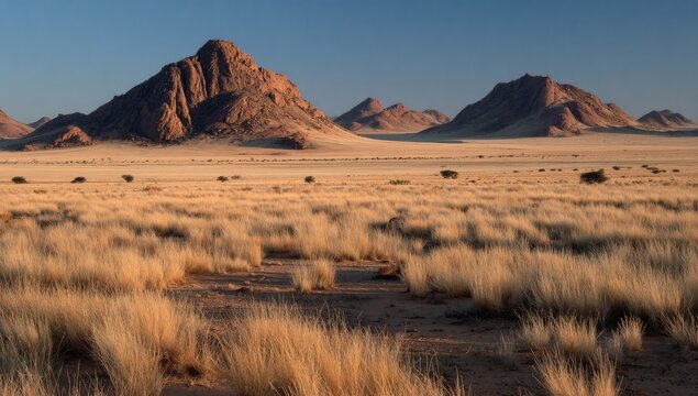 Under a clear azure sky, the expansive dry grassland stretches, its cracked desert earth bearing scant vegetation, while distant mountains loom, hinting at a remote wilderness and a severe climate