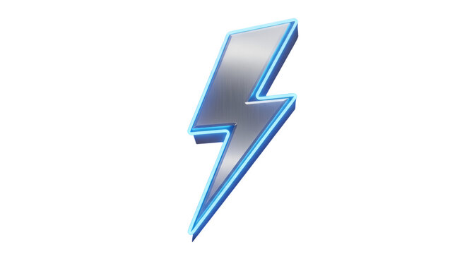 3D Silver Lightning Bolt with Blue Neon Outline electricity isolated on a transparent background