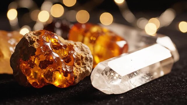 Raw Citrine Crystals on Black Background with Bokeh Lights