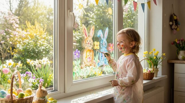 Little girl painting Easter bunnies on window. Creative child doing spring crafts at home. Easter holiday activity for kids