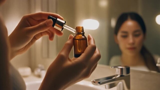 Woman Preparing Skincare Serum in Bathroom