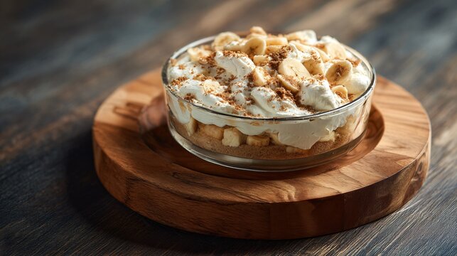 Banana pudding on a round wooden board, natural textures, warm tones