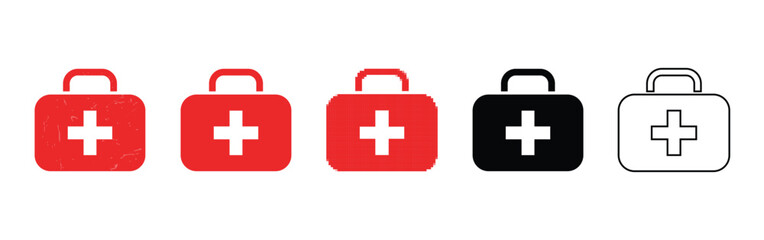 Obraz premium First aid kit icon with medical cross symbol isolated on white background | Red emergency medical box for healthcare, safety, and first aid concepts | Minimalist flat vector illustration of a medical 