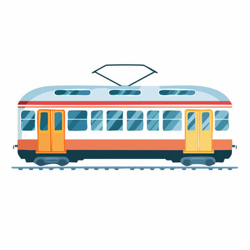 Modern Electric Train Illustration with Double Doors and Overhead Wires on Rails