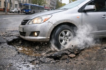 Naklejka premium Silver car wheel stuck in a huge pothole on damaged road with smoke coming from tire. Vehicle breakdown situation and road maintenance concept