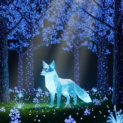 Geometric fox illuminated within a magical forest under radiant lights