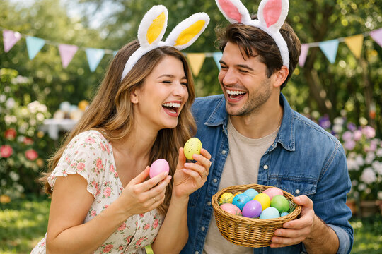 Happy couple with bunny ears enjoying an easter egg hunt in a sunny garden. concept of spring celebration, festive fun, outdoor activity