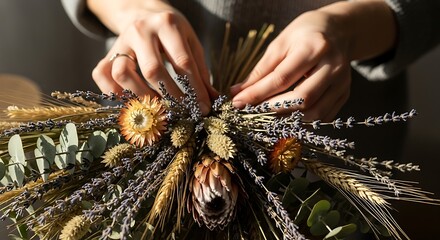 Hands assembling dried flower arrangement, creating elegant floral design