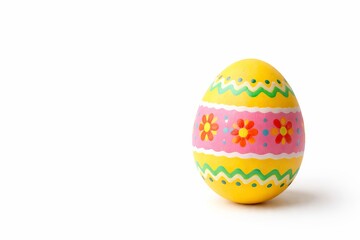 Yellow Easter egg with colorful flower and zig-zag patterns. Decorated egg for Spring holiday celebration. Bright festive decoration, copy space