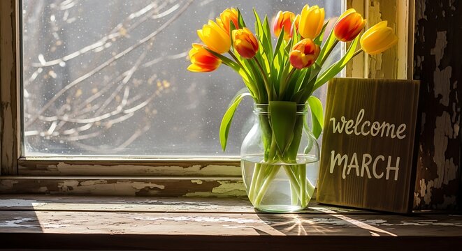Bright yellow tulips in glass vase welcome March spring sunlight home decor