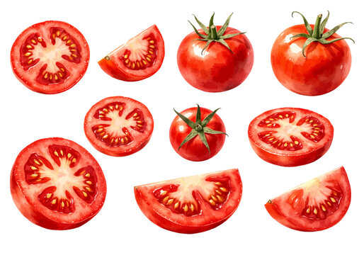 A charming watercolor collection of botanical tomato illustrations, including round ripe tomatoes, sliced halves, quarter wedges, and vibrant seed-filled interiors.