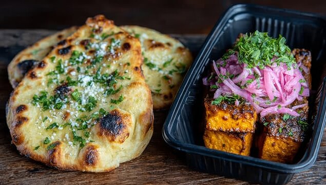 An Indian tiffin lunchbox holds roti, chapati, curry, salad, and raita, offering a convenient, travel‑friendly meal with varied portions of traditional Indian cuisine