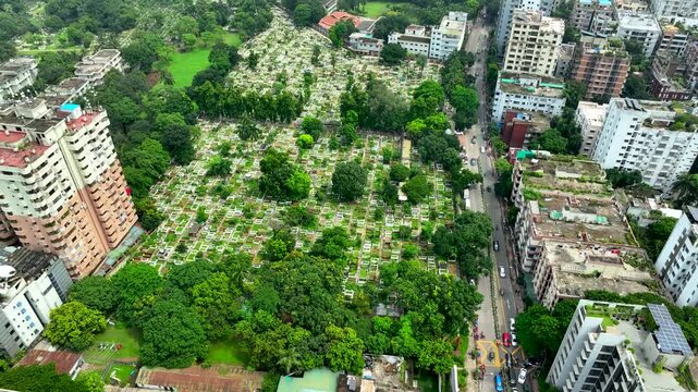 Peaceful City Graveyard with Organized Burial Plots Aerial