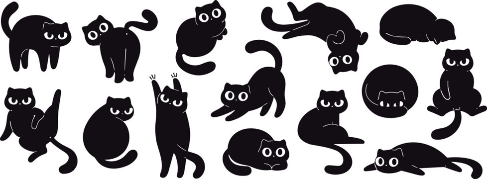 Playful cat silhouettes vector set. Fifteen minimalist black feline poses with white eyes. Clean black and white collection isolated on white background for graphic design.