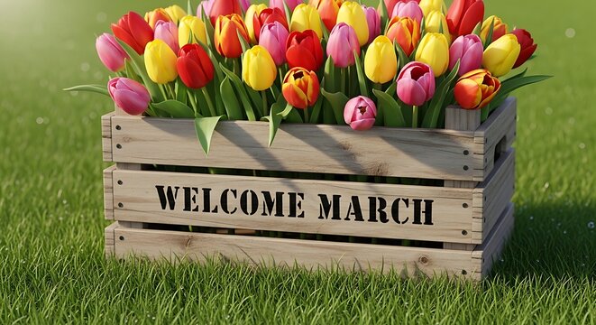 Colorful tulips in wooden crate welcome March spring garden fresh floral arrangement