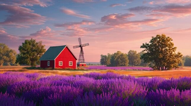 Serene lavender field at sunset with red barn and windmill