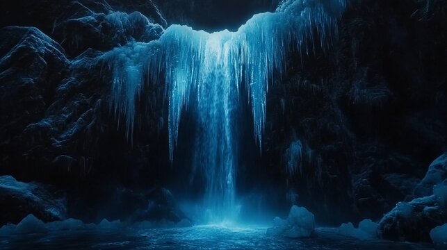 Enchanting blue ice cave waterfall with frozen icicles