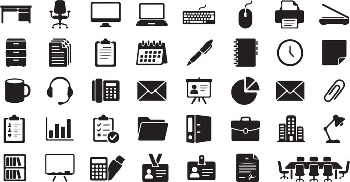 Editable dual tone icon set of Business office supplies and equipment tools Vector illustration