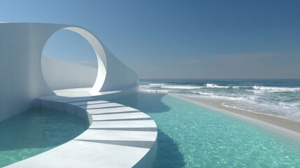 Fototapeta premium A long white wall stands beside the ocean, beneath a clear blue sky with calm waves, creating a beautiful coastal scene