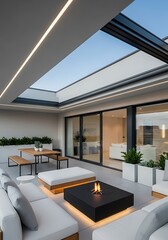 Modern outdoor lounge with fire pit, comfortable seating and roof opening