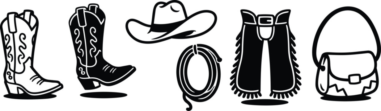 Line art western accessories set showing cowboy boots hat lasso chaps saddle bag side view vector icons black white minimal