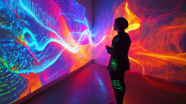 Silhouette of female admiring vibrant digital art in gallery