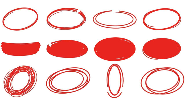 Collection of red circle and oval shapes in various styles on a clean background from a straightforward viewpoint, file reference image (382).ai