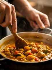 Preparation of savory steaming curry in a saucepan on the stove top
