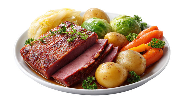 Hearty Irish meal of corned beef and cabbage isolated on a white background