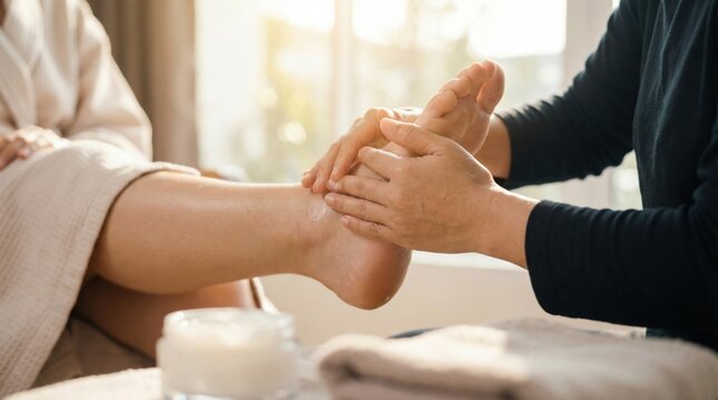 A person sits in a soft robe while another person massages their foot in a bright room