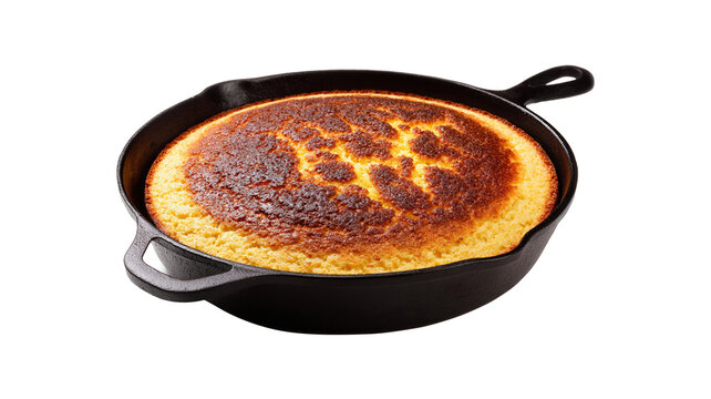 homemade cornbread in a skillet, southern cooking isolated on a white background
