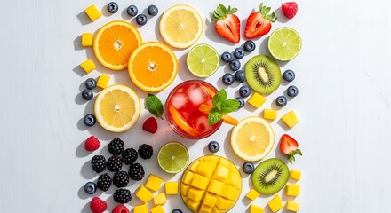 Refreshing mixed fruit arrangement with summer drink concept on bright surface