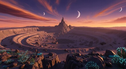 Surreal Alien Landscape with Mountains, Craters, and Crescent Moons