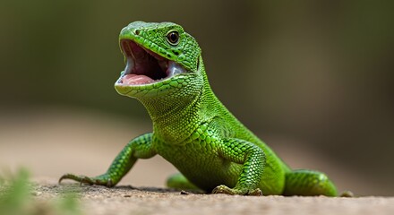 Fototapeta premium Vivid close-up shot of a bright green lizard with its mouth wide open