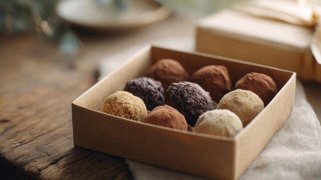 Cardboard box filled with six truffles on a wooden table. the box is rectangular in shape and has a light brown color.
