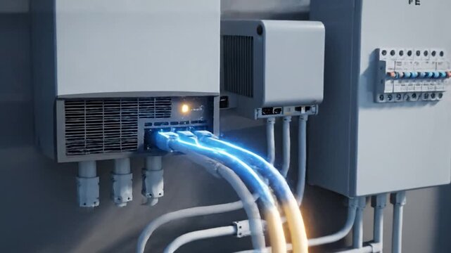Animation showing solar panels on roof capturing sunlight and converting photons into electricity through wires to home inverter and fusebox
