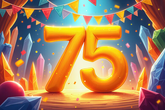 Greeting card for 75 years. Celebrate a 75th birthday with colorful crystals, confetti, and festive banners.