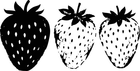 Naklejka premium Strawberry silhouette set three detailed strawberry illustrations with leaves and seeds