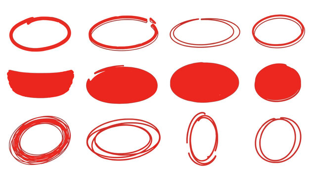 Various red abstract shapes and ellipses arranged in a grid pattern on a clean white background, viewed directly from the front, as seen in image (324).ai