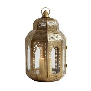 Ornate antique brass lantern with intricate cutwork and glass panels holding a cream candle isolated on a transparent background