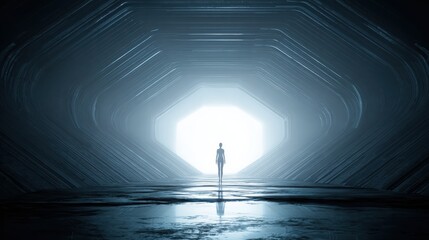 Fototapeta premium A mysterious silhouette stands at the far end of a glowing tunnel, evoking feelings of mystery and exploration