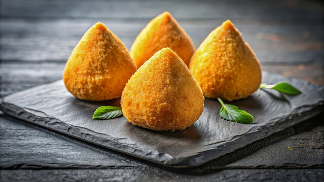 Three coxinhas slate plate presentation on dark textured background. Delicious golden fried coxinhas slate plate appetizer, garnished with fresh herbs, ready for serving.