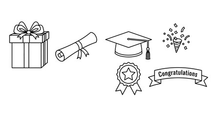 Outline Graduation and Celebration Icons Set on Isolated White Background