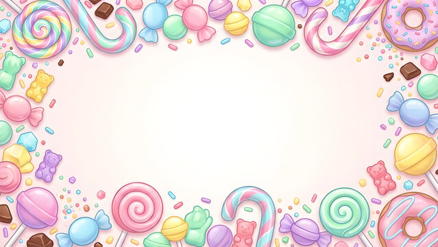 Whimsical Candy Artwork with Pastel Swirls and Gummies