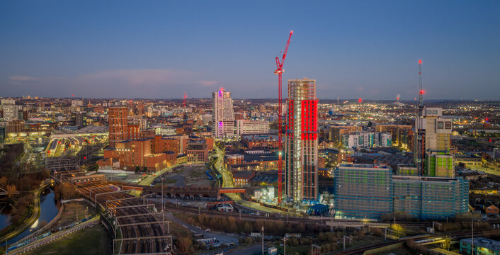 Leeds City Centre in Leeds, England, UK, aerial view of modern tower block construction and urban regeneration projects transforming the city skyline.