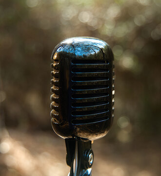 Vintage Microphone Close Up In Woods With Sky Reflection On Top