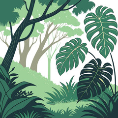 Obraz premium lush tropical jungle landscape, dense green foliage, large monstera leaves, palm fronds, sunlight filtering through trees, vibrant colors, dynamic composition, detailed vegetation, photorealistic styl