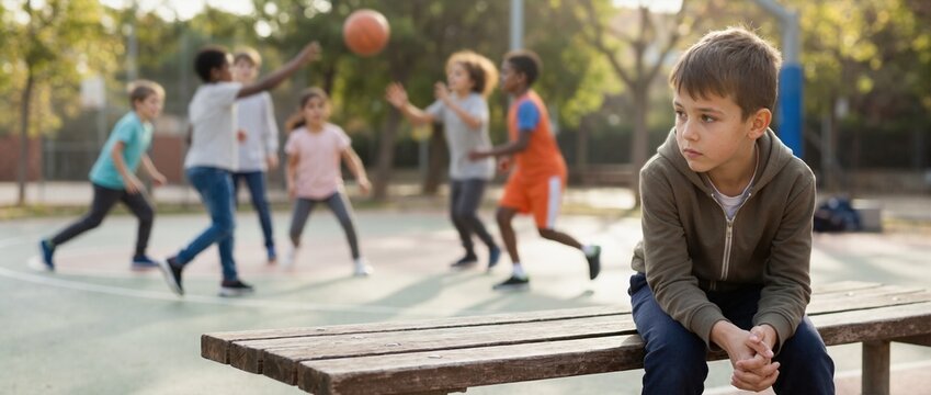 Sad boy sitting alone on bench while other children play basketball. Social exclusion and childhood loneliness concept. Portrait of lonely kid at playground
